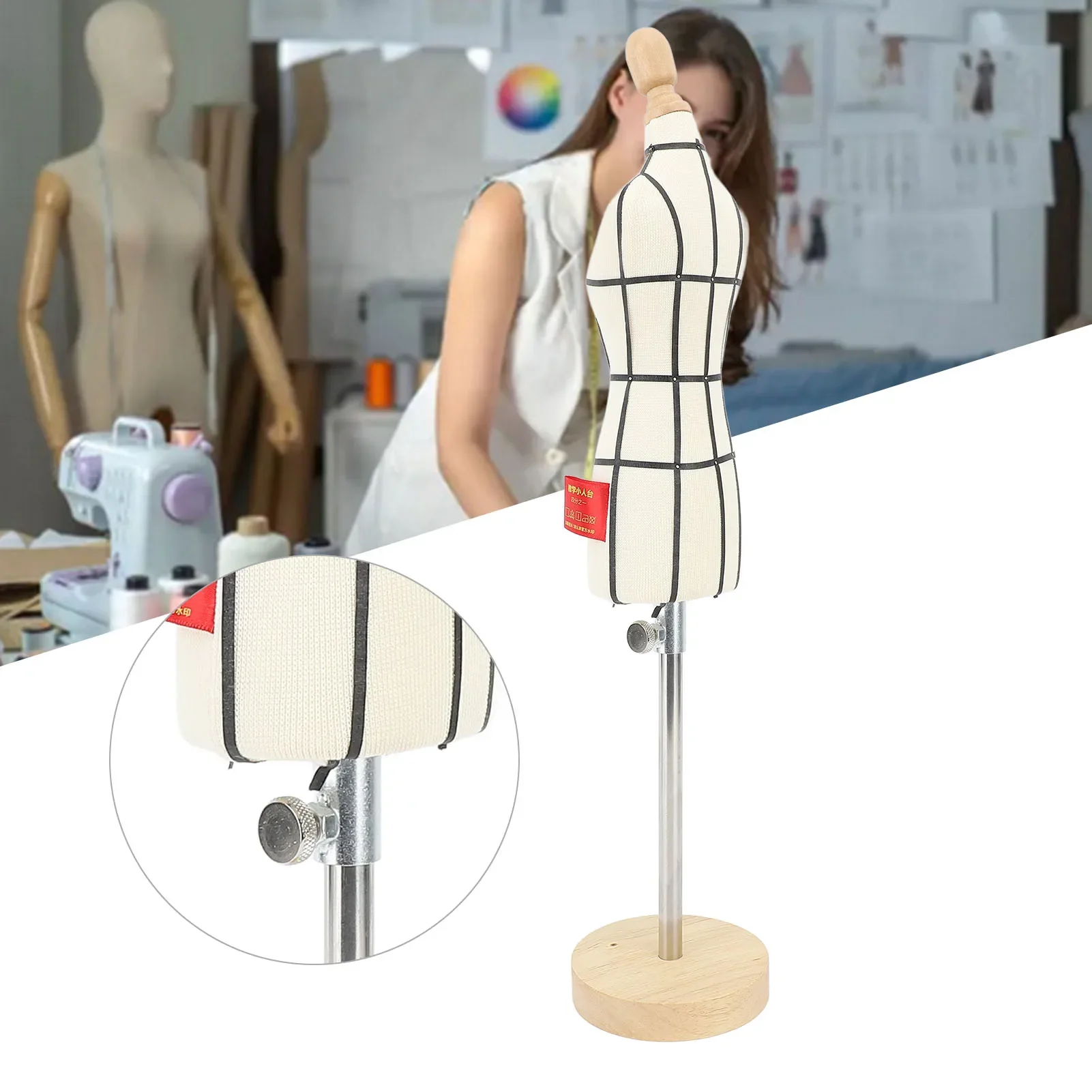 Dress Form Mannequin - 木製ベースのミニチュアドレスフォーム、縫製マネキン、ボディウェアディスプレイ、洋裁と教育のモデル、1/2サイズ