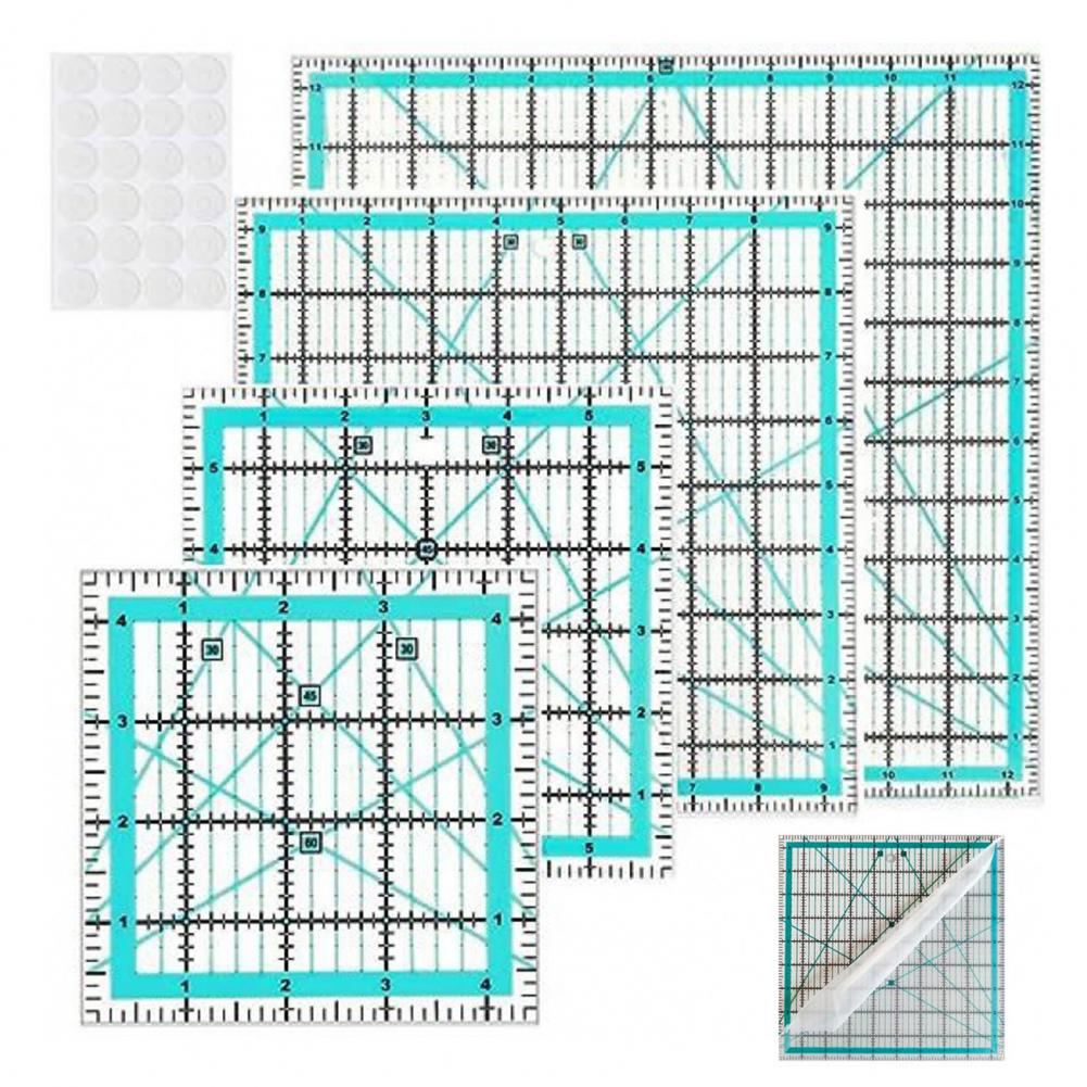 Quilting Ruler Square - 4 個のアクリルキルティング定規リング付き 4.5/6/9.5/12.5 インチ正方形生地切断定規クリアマーク DIY 縫製テンプレート