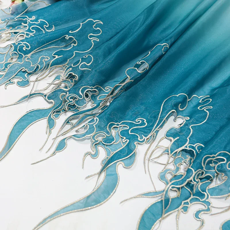 Sewing Cloth - 中国風刺繍蓮の葉グラデーション生地 DIY 漢服ドレススカートステージ衣装結婚式の服装デザイナー縫製布