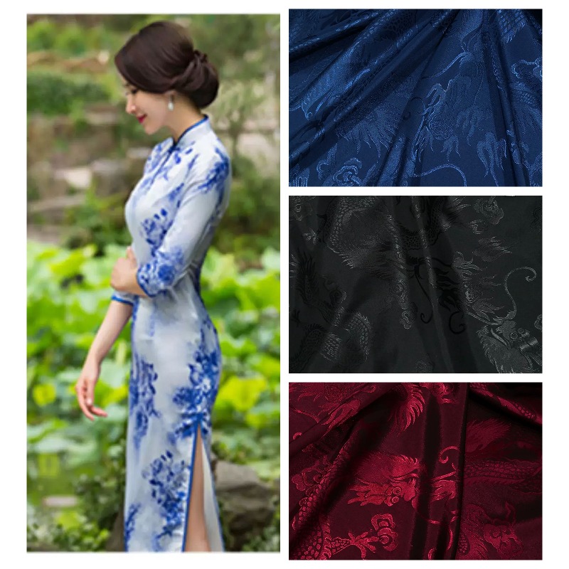 Textile Sewing Patterns - ドラゴンパターンサテンジャカード生地メートル単位で販売、衣類、漢服、チャイナドレス、パジャマ、ドレスシーツ、DIY縫製生地、柔らかい黒色