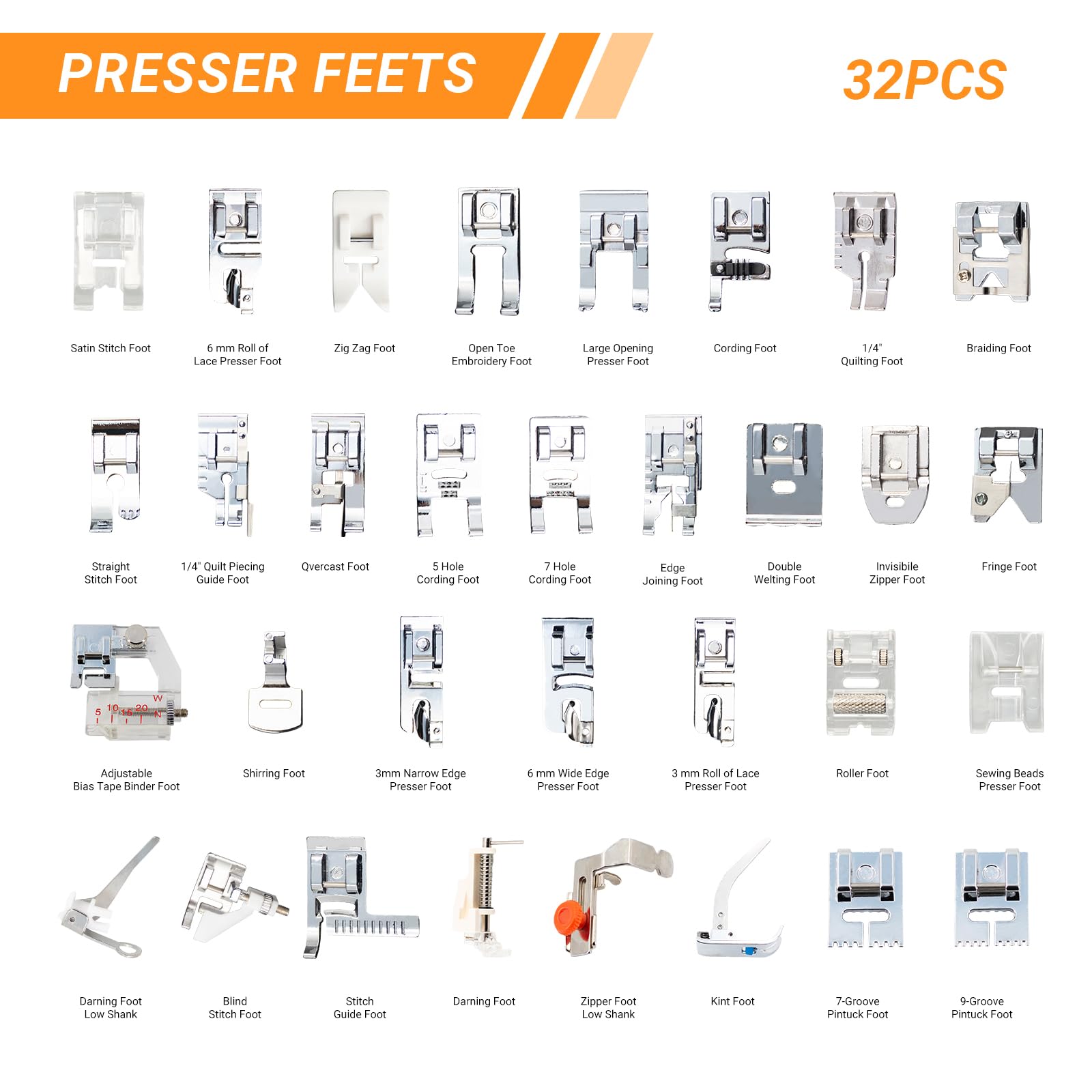 Zipper Foot Presser - 32 in 1 多機能ミシン押さえ金具キット | キルティング、ジッパー、ボタン用の必須のユニバーサルローシャンク押え金セット