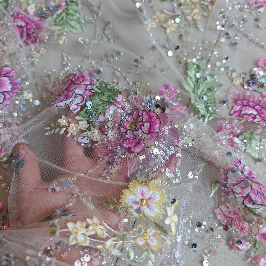 Sewing Embroidery Fabric - 1 メートル 120 センチメートル幅高級ビーズレース生地 3D 刺繍スパンコールスプレー塗装ソフトチュールメッシュテキスタイルドレス作成用