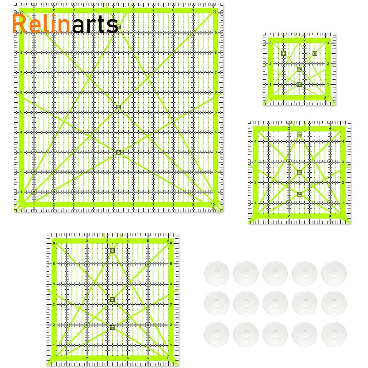 Quilting Ruler Square - 4個入りアクリル製正方形キルティング定規セット+24個の滑り止めグリップ、3.5/5/6.5/10.5インチの縫製・裁断用テンプレートツール
