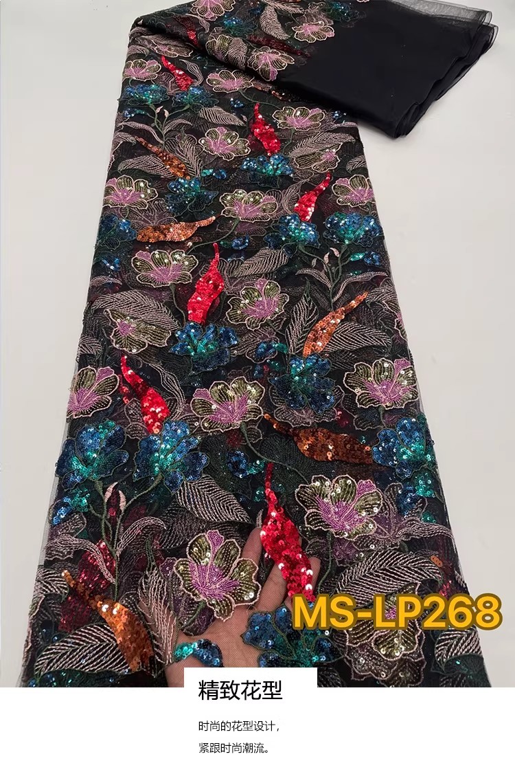Sewing Embroidery Fabric - 1ヤード高級ダブルカラービーズフラワーシークイン刺繍テラドレスチャイナドレスDIY縫製生地新作ソフトメッシュ生地