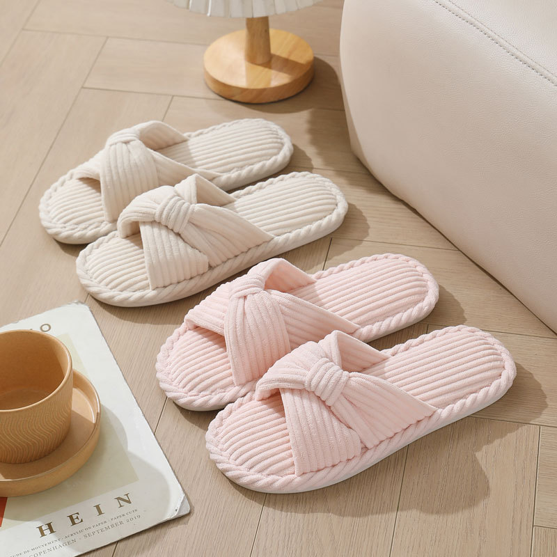Sewing Cloth - コーデュロイクロスストラップホームスリッパ女性のためのオープントゥノンスリップ綿屋内靴女性軽量快適寝室スリッパ