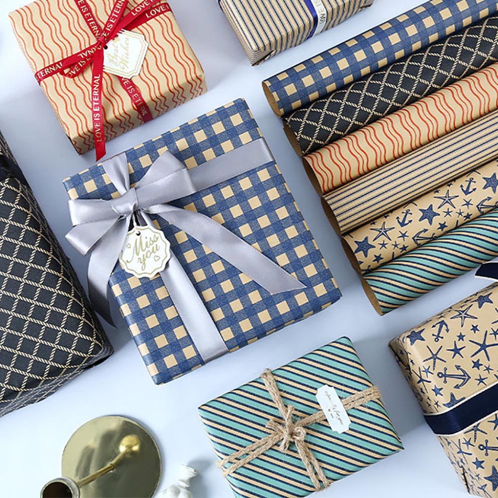 ブルーグリッド包装レトロギフト包装紙クラフト紙ヴィンテージ海 - Pattern Tissue Paper のレビューと価格